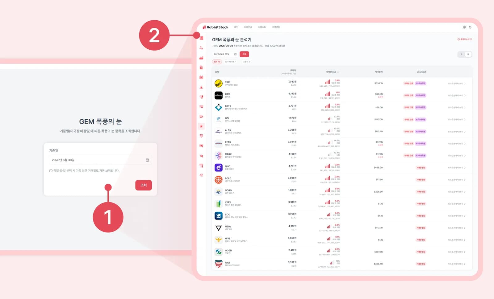 PC 화면: GEM 폭풍의 눈 분석 목록 및 종목별 GEM 조건 태그